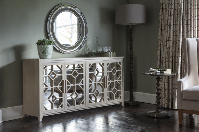 Wood Sideboard in living room, with mirrored doors