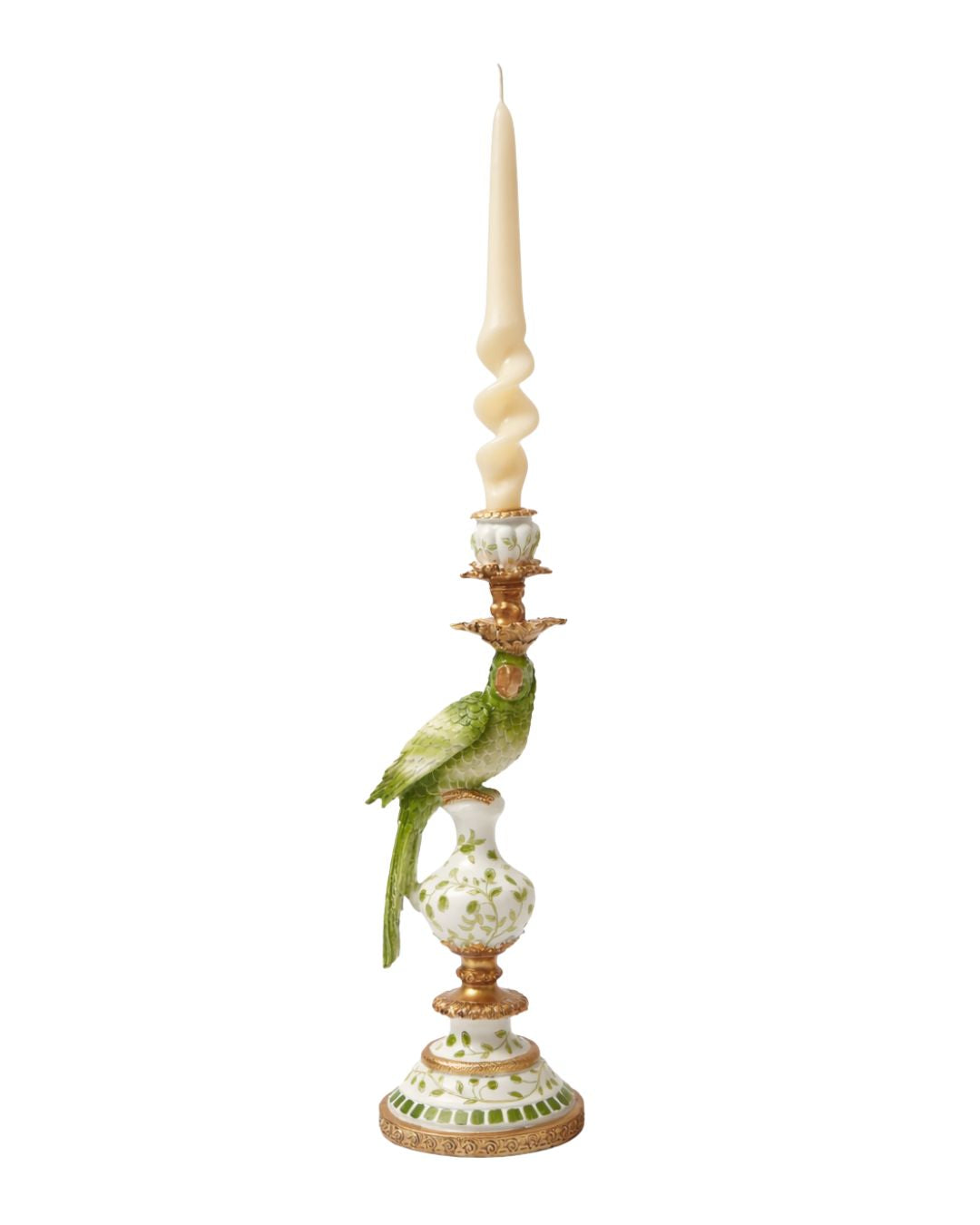 Antiqued Ornate Green & White Parrot Candle Holder (Left)