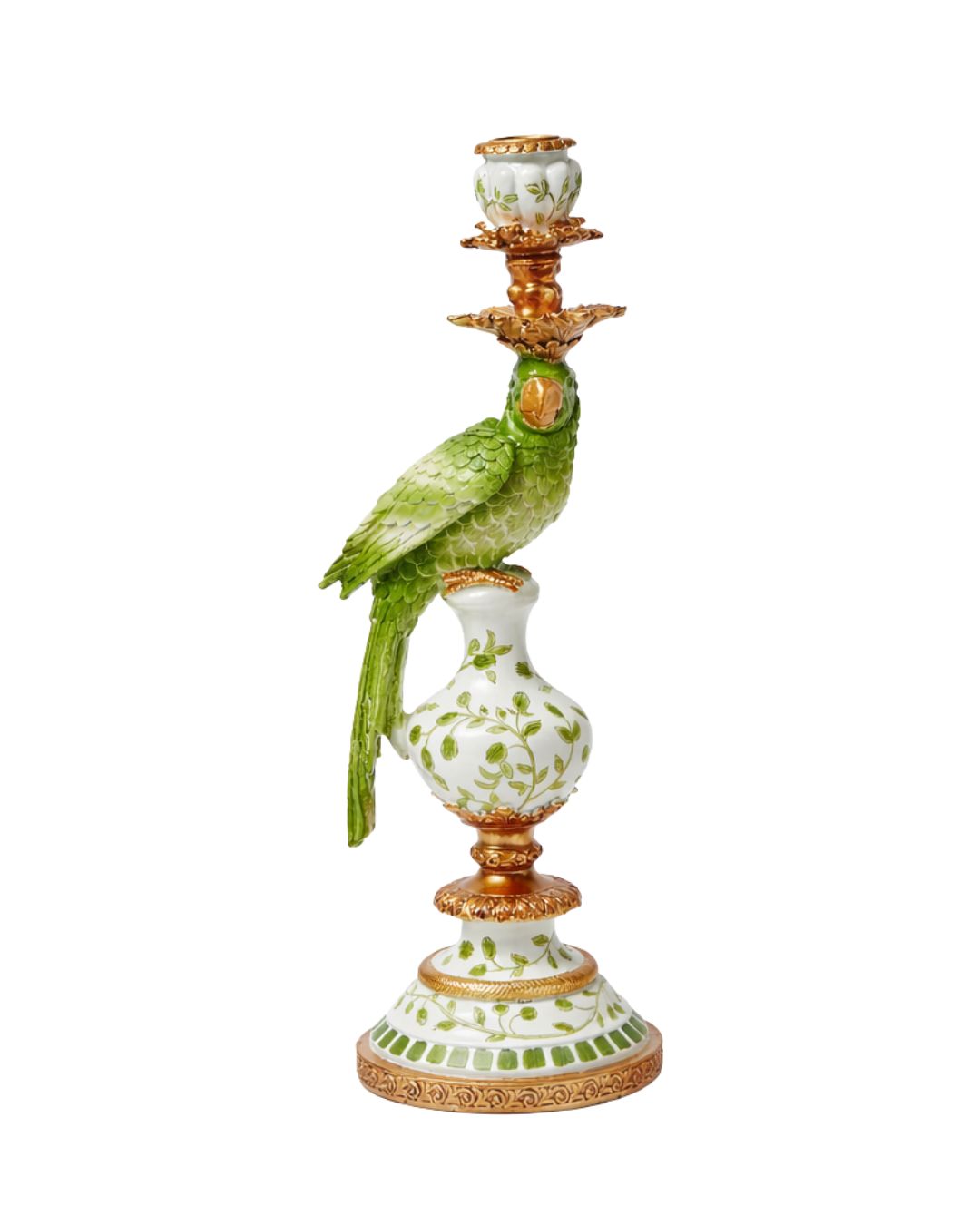 Antiqued Ornate Green & White Parrot Candle Holder (Left)
