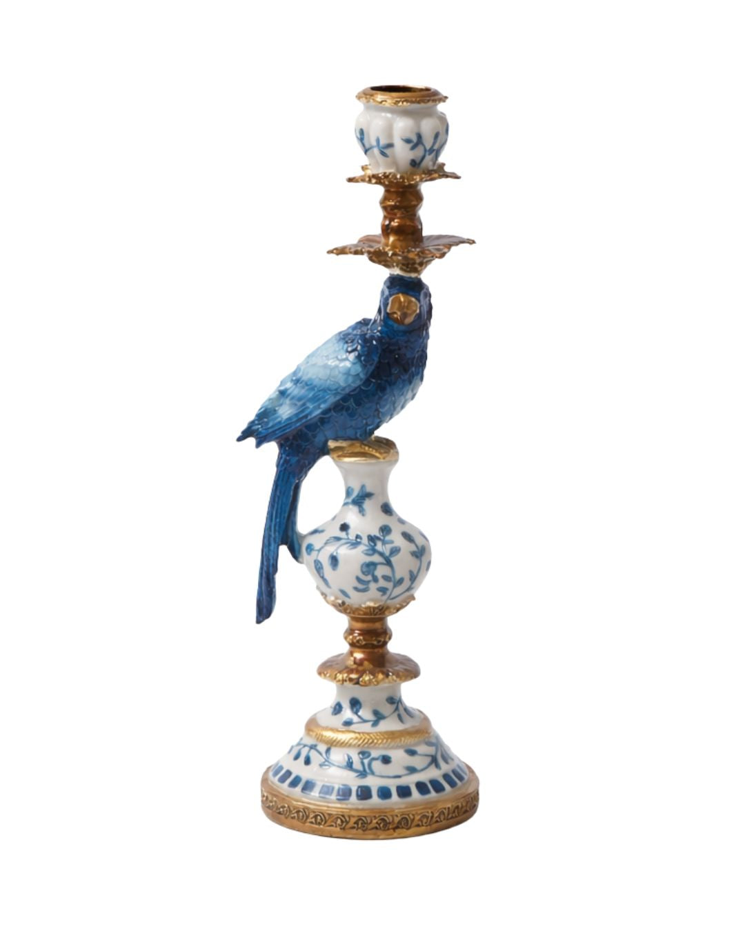 Antiqued Ornate Blue & White Parrot Candle Holder (Left)
