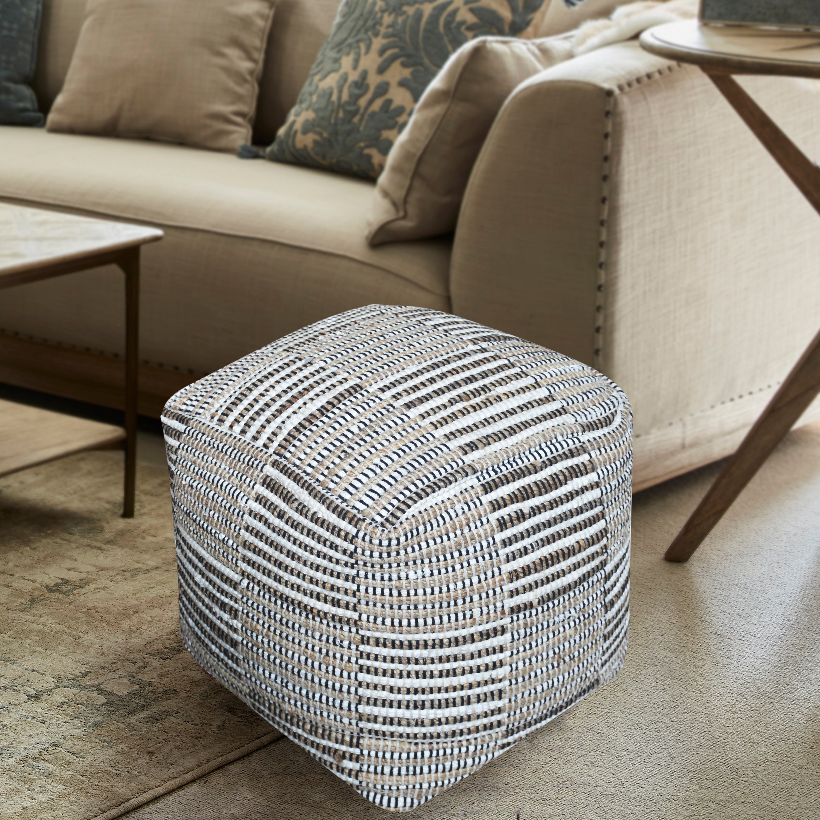 Konnie Hand Woven Ivory & Natural Hemp Pouffe