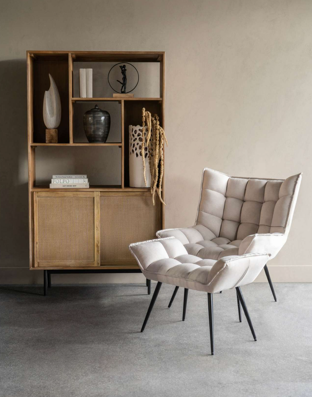 Christy Occasional Chair with Footstool in Oatmeal Fabric