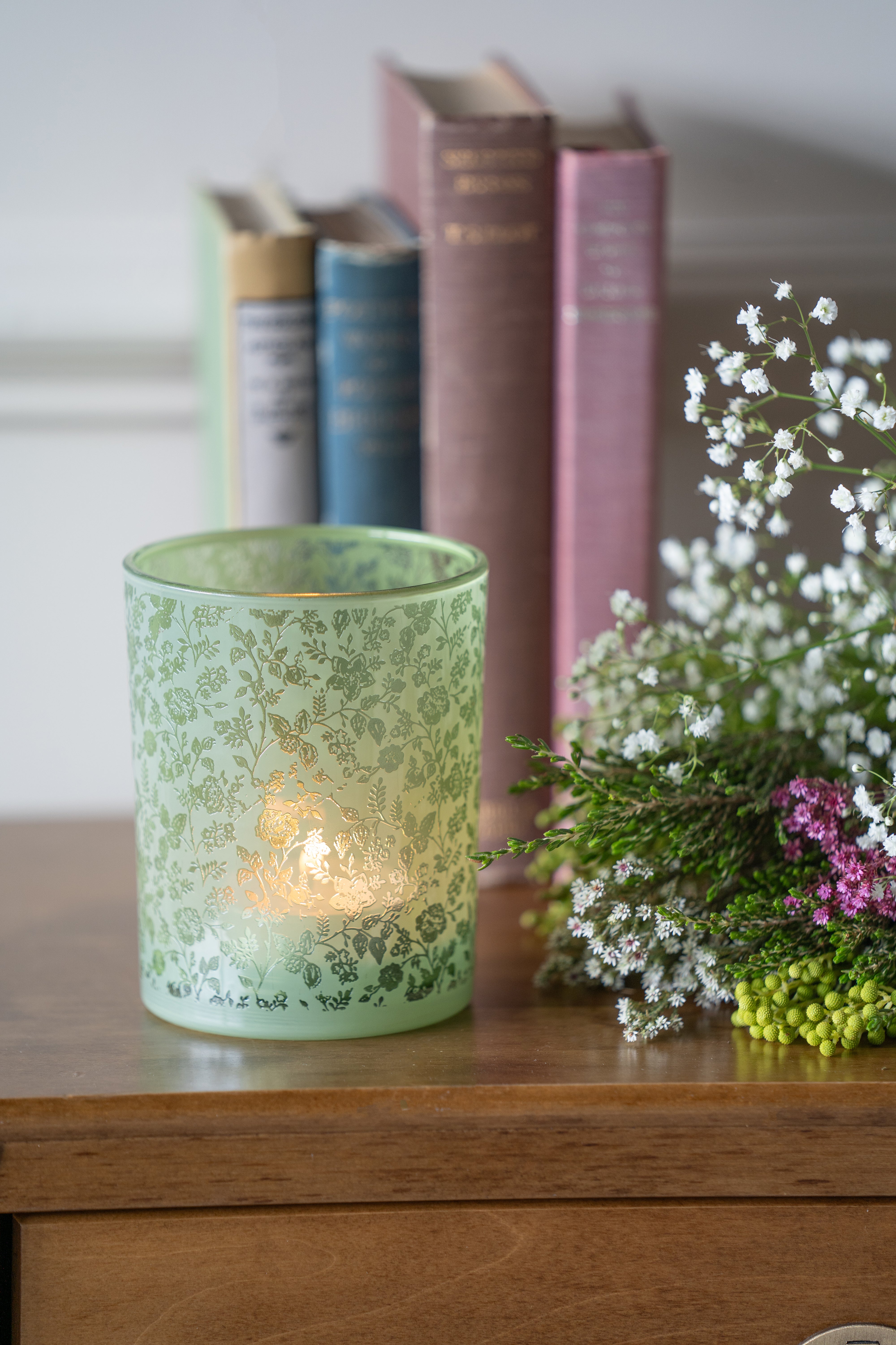 Laura Ashley Green Glass Hurricane