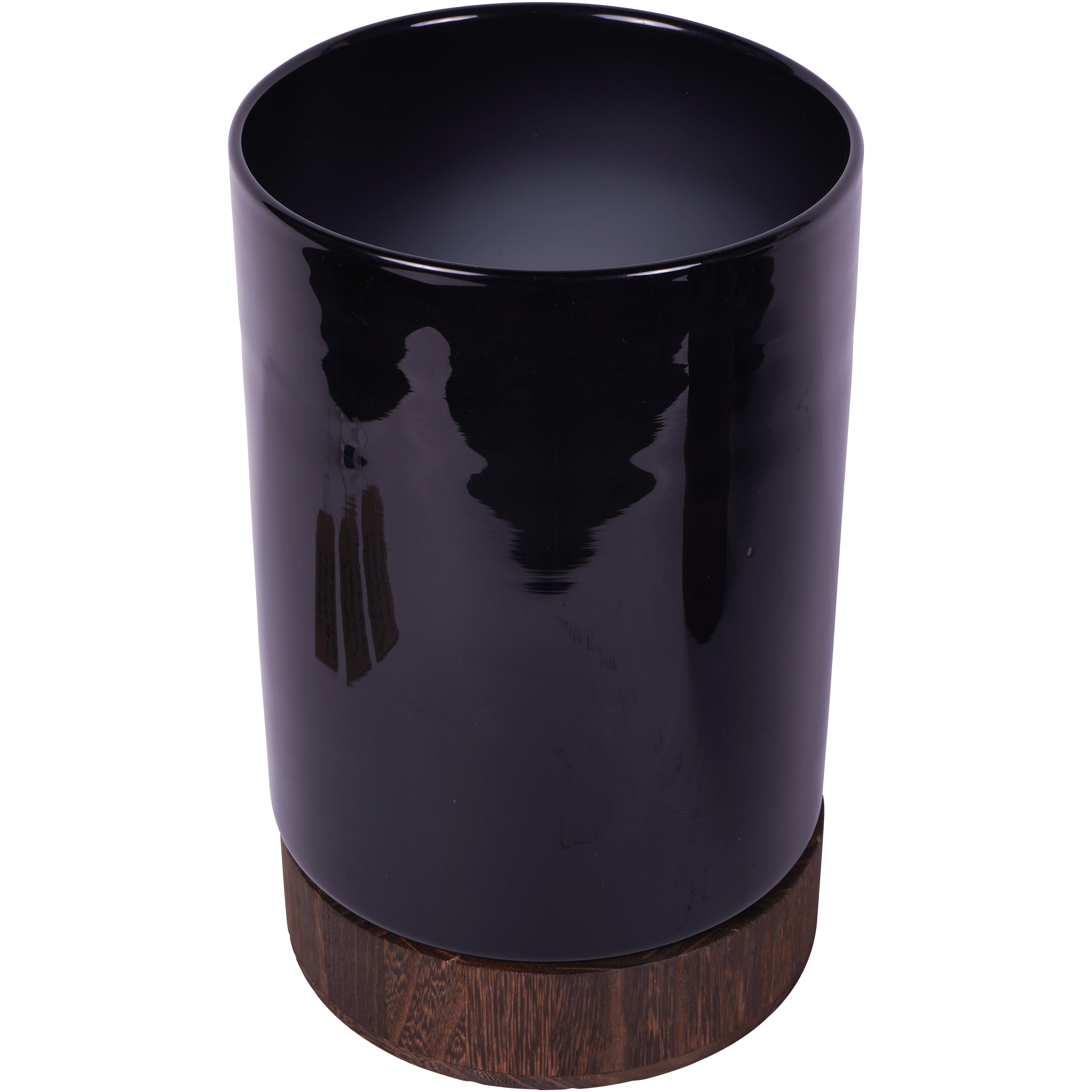 Black Glass Votive Large Vase with Wooden Base