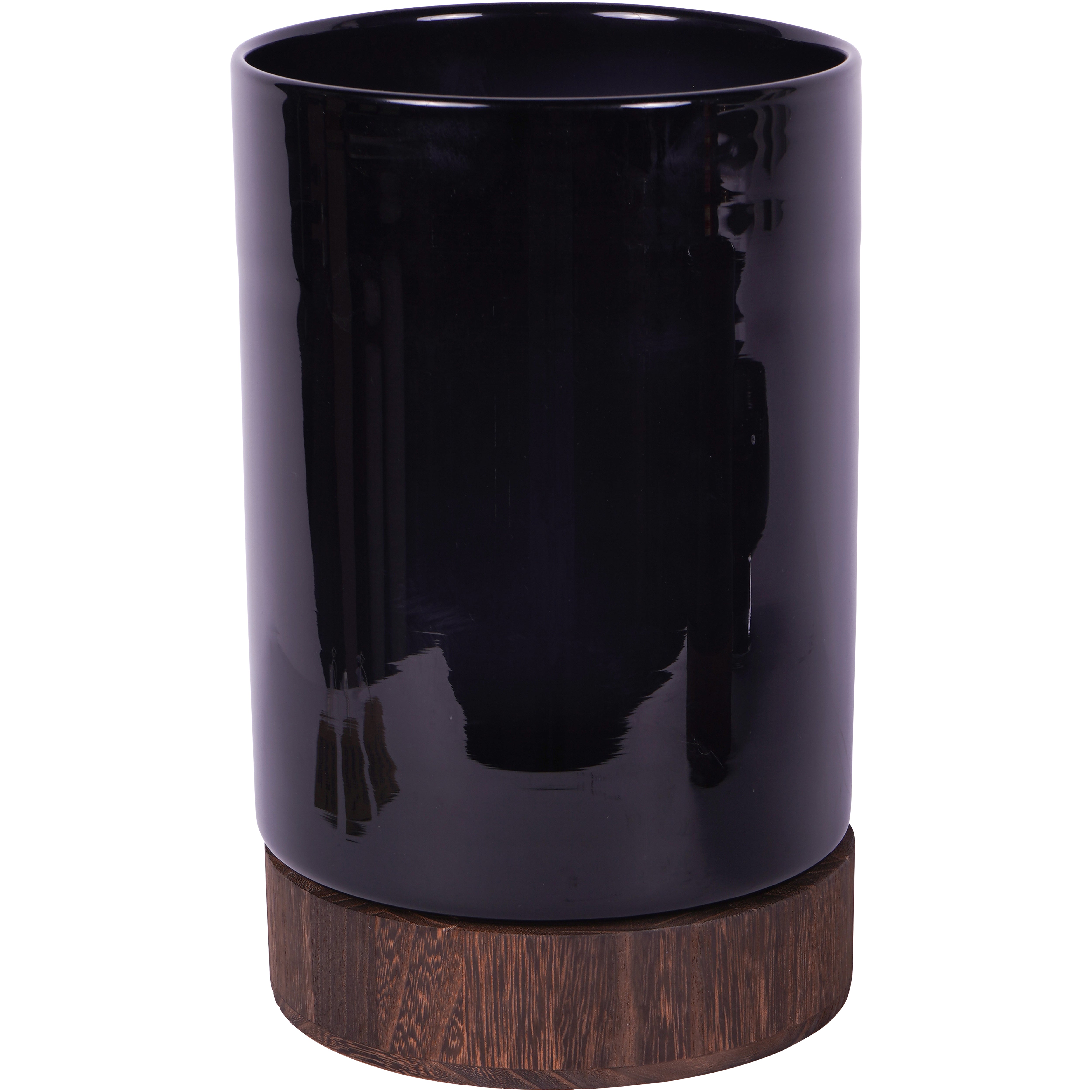 Black Glass Votive Large Vase with Wooden Base