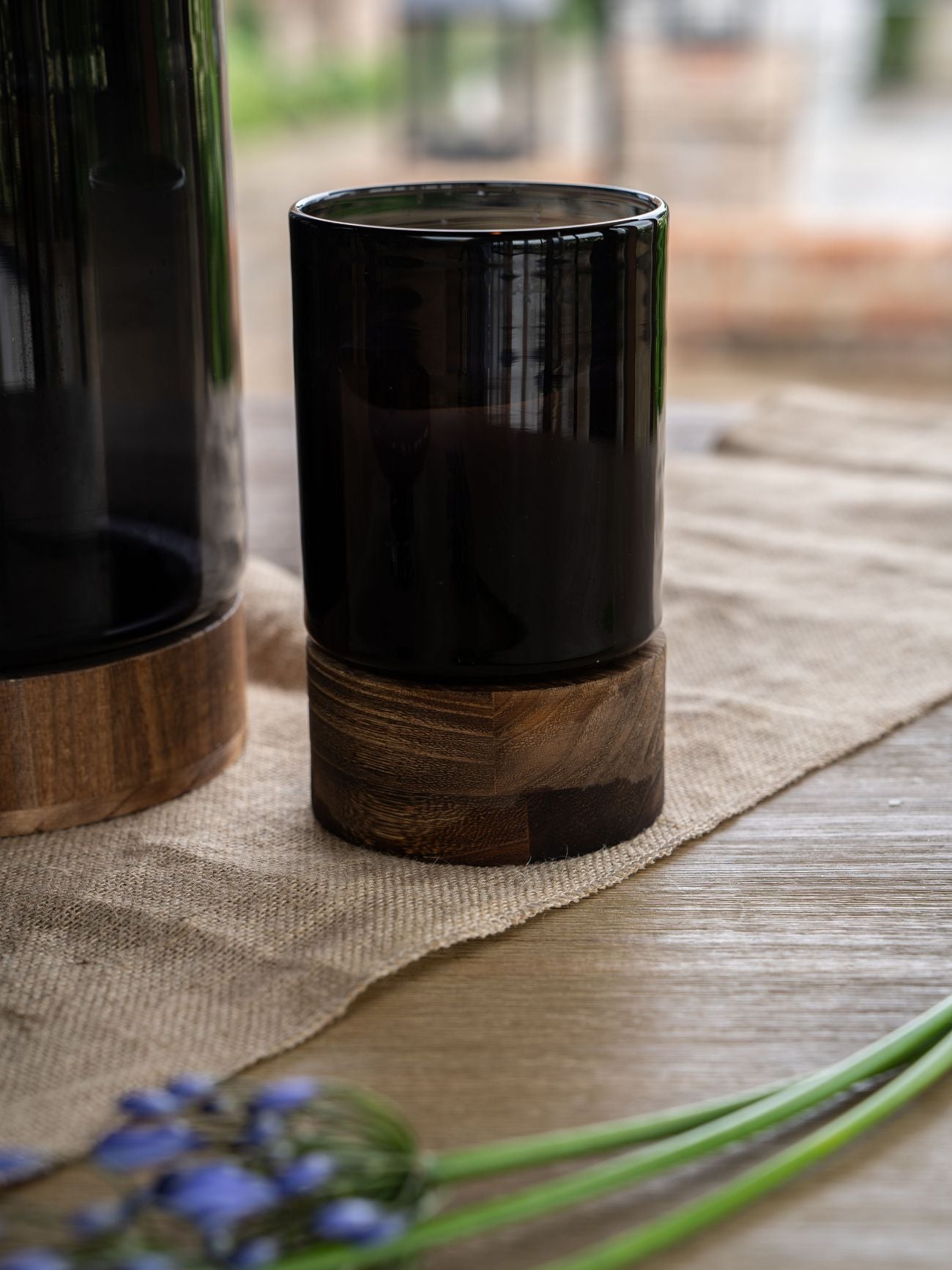 Black Glass Small Hurricane with Wooden Base