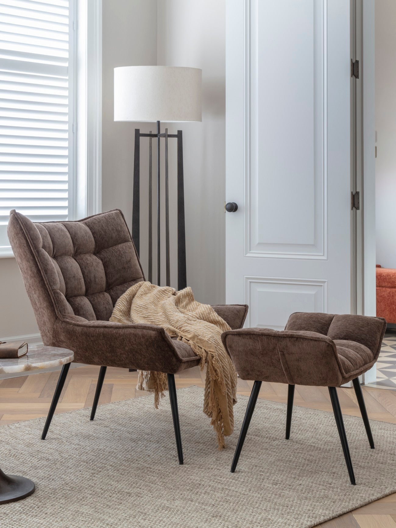 Christy Occasional Chair with Footstool in Brown Velour