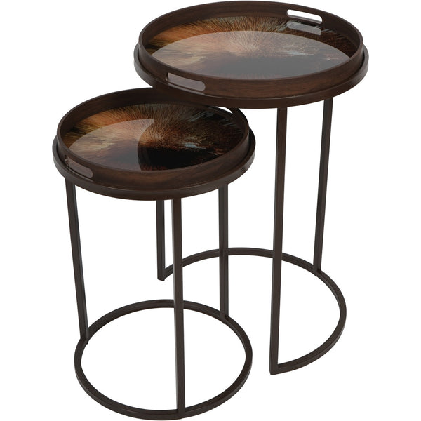 A set of two nesting side tray tables with a metal frame and wood-effect tray edges, in a warm golden colour.