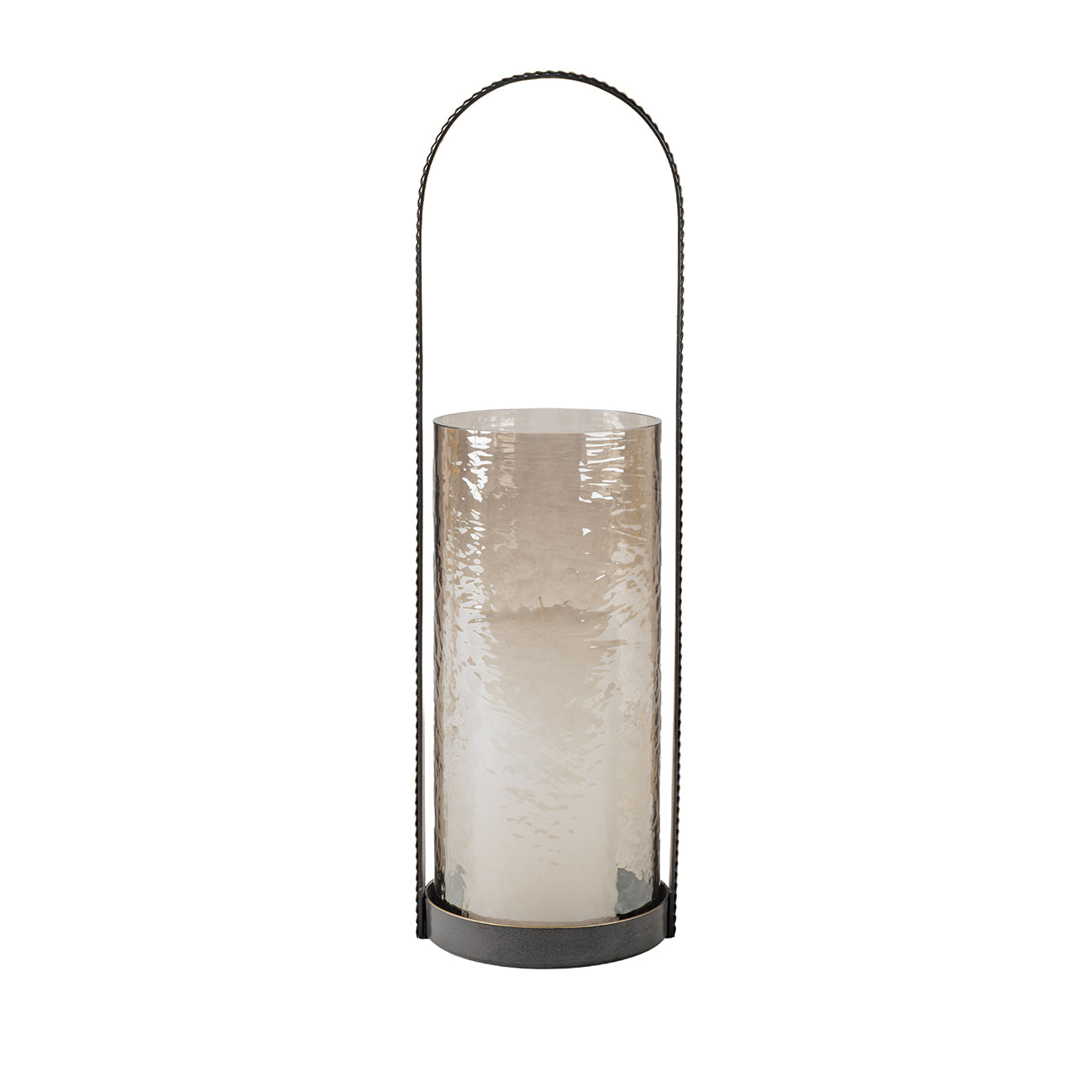 Decorative Hurricane Candle holder with a textured glass shade and metal arch 