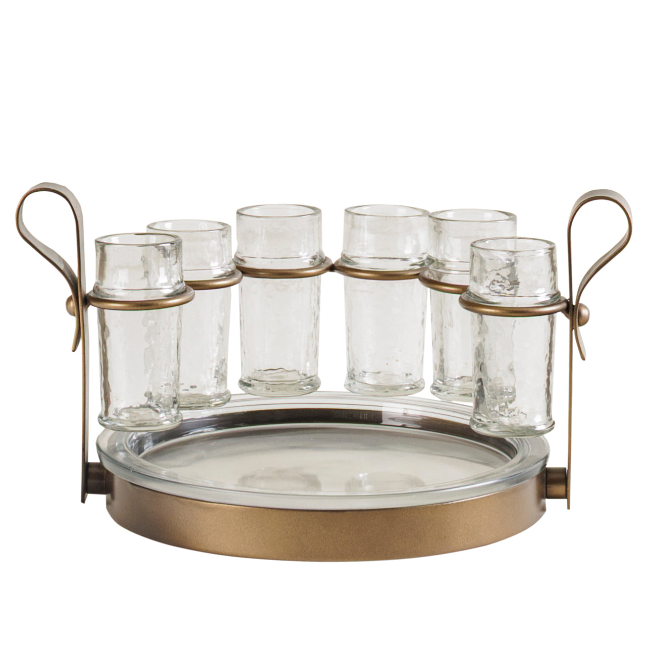 Set of six clear glasses with a metal tray 