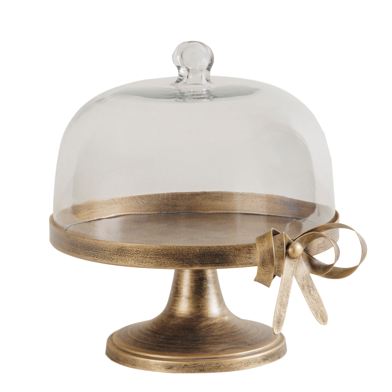 Decorative cake stand with glass dome and brass base