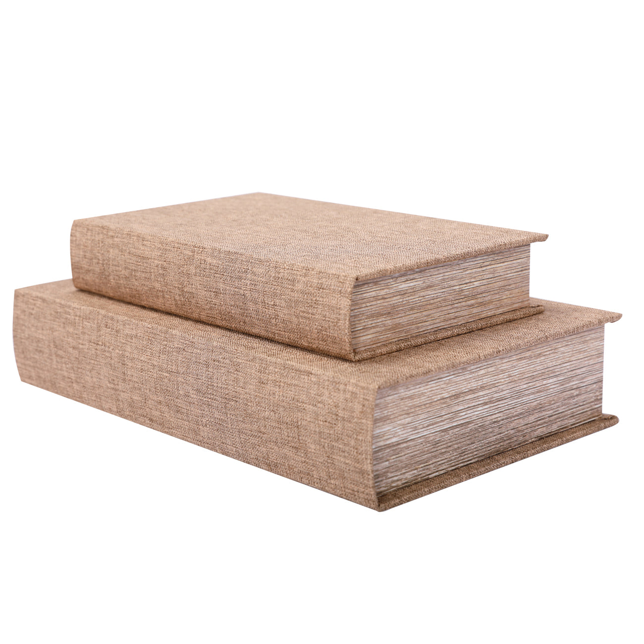 Set of 2 beige textured book storage boxes.