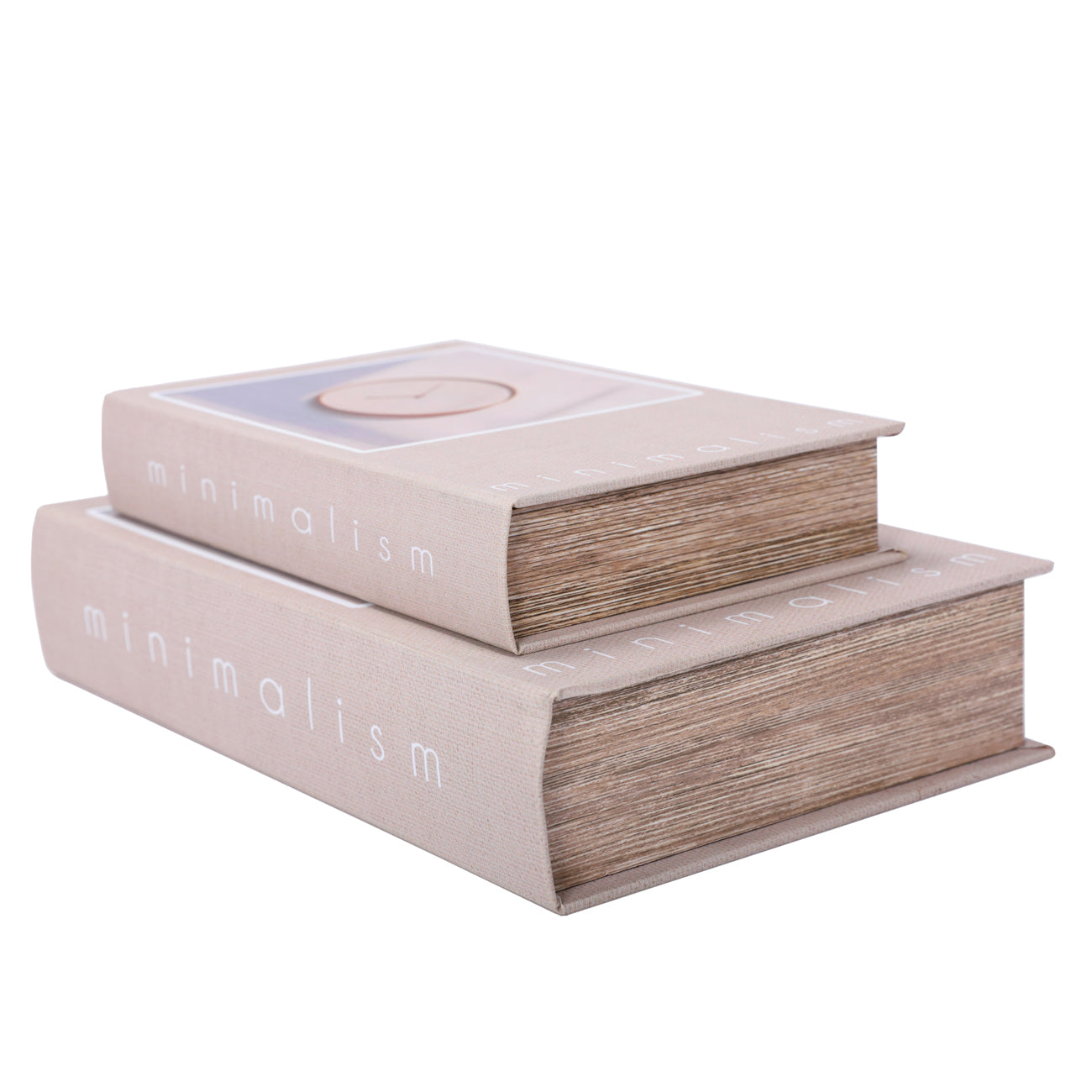 A set of two decorative book boxes, wrapped a soft beige canvas with a clean, modern design. 
