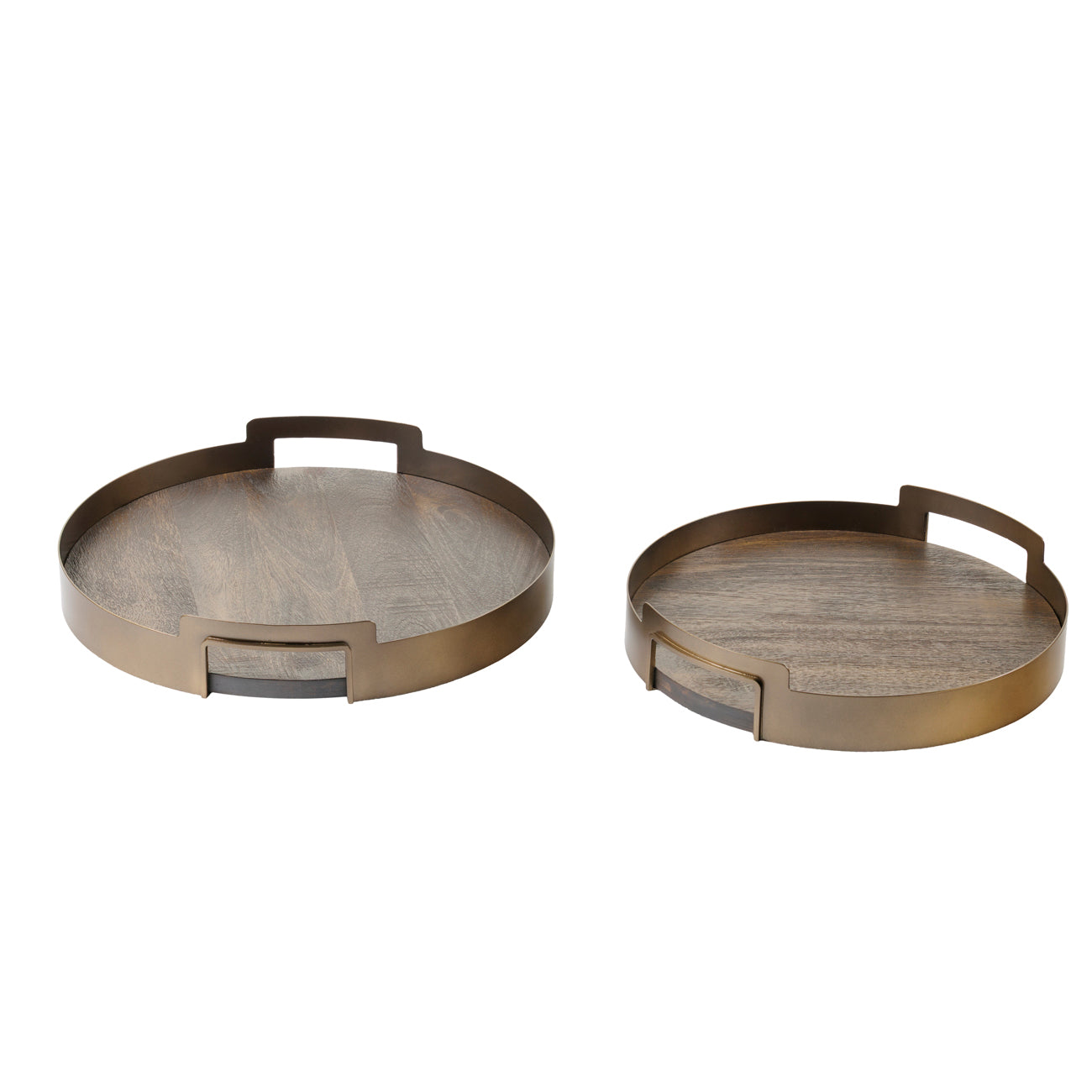 Two round metal and wood trays with handles.