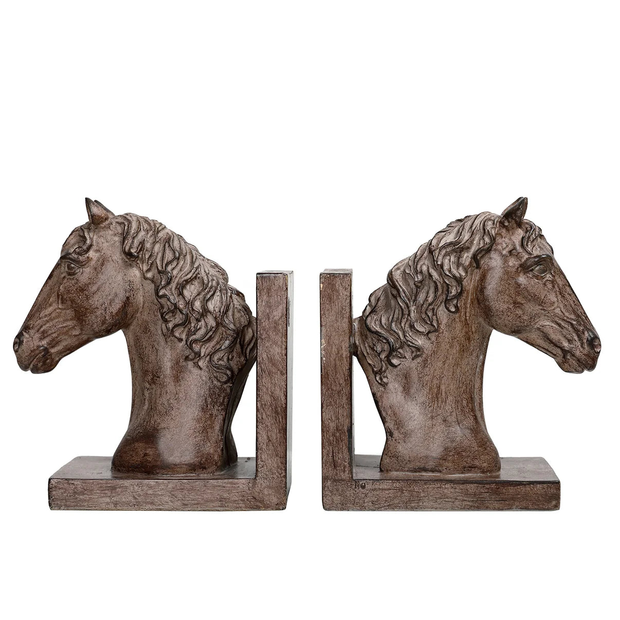 A pair of horse-head bookends in a brown antiqued finish, shown against a plain white background.
