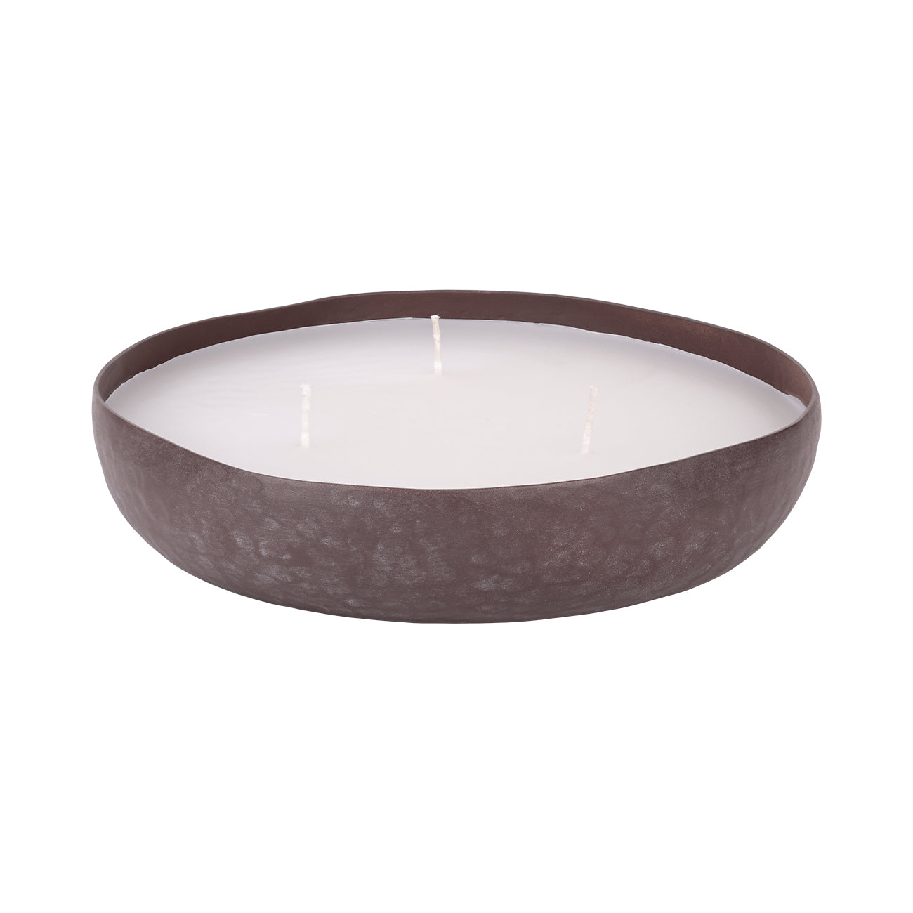 Round Candle bowl with a textured brown exterior and white 3 wick candle inside.