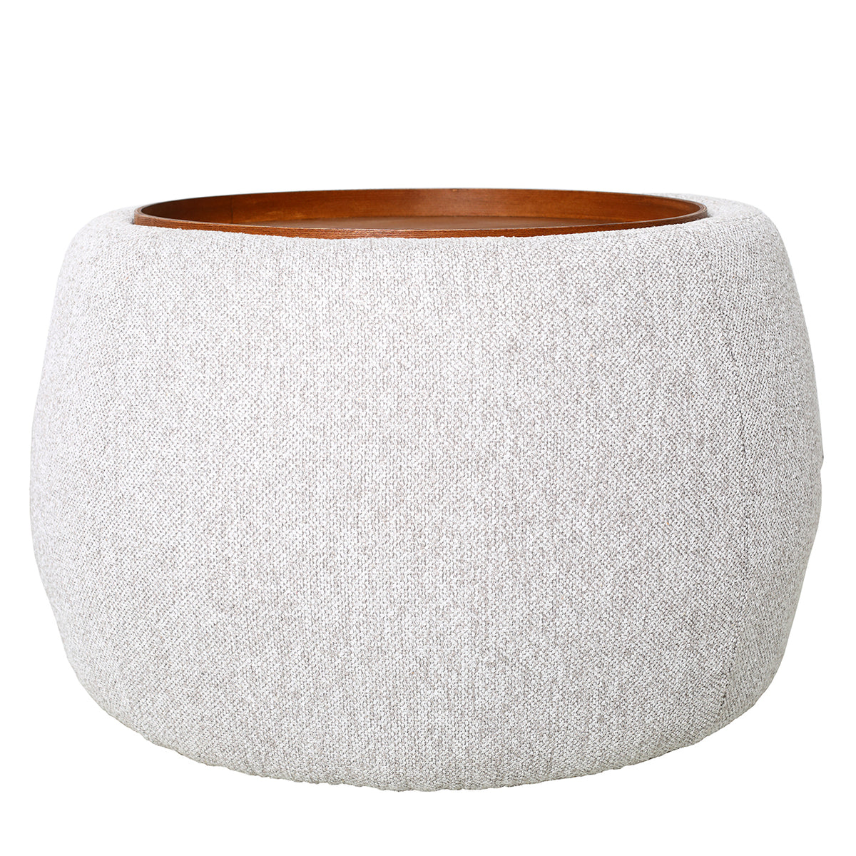 Round oatmeal textured coffee table with a wooden top and storage