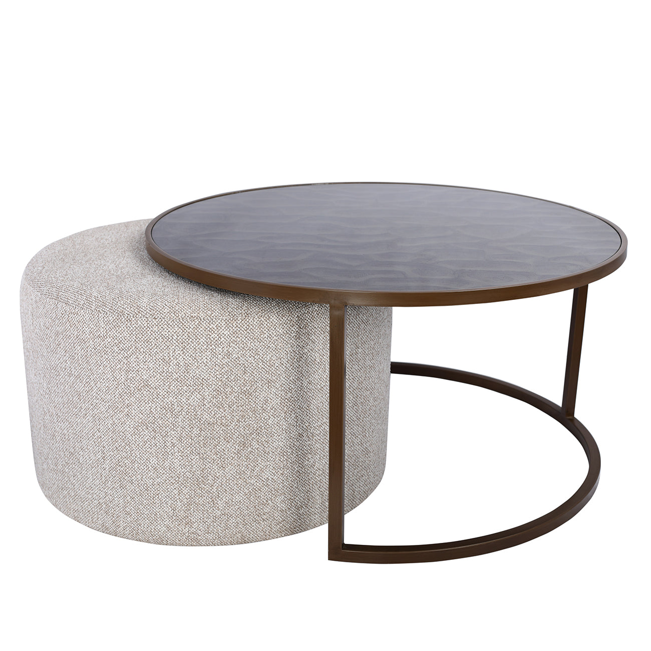Round driftwood effect coffee table with nesting taupe pouffe. 