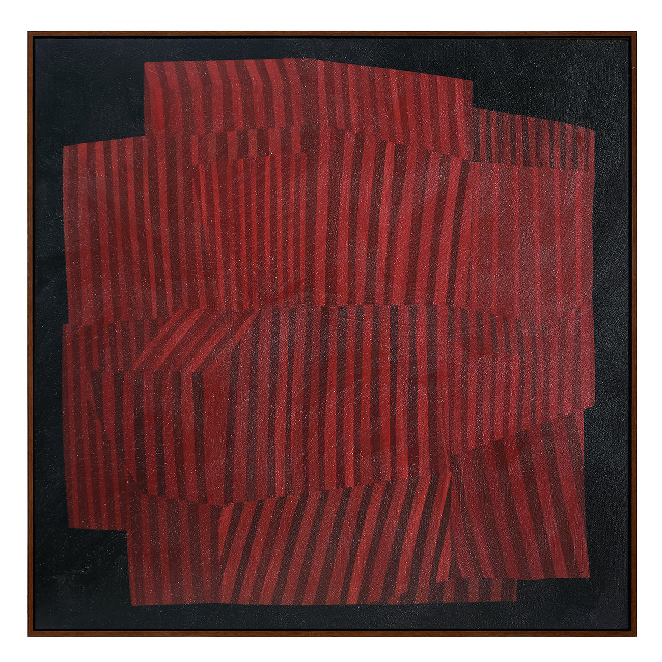 An abstract square artwork featuring layered red rectangular forms with vertical dark red stripes against a dark charcoal background, enclosed in a thin dark frame.