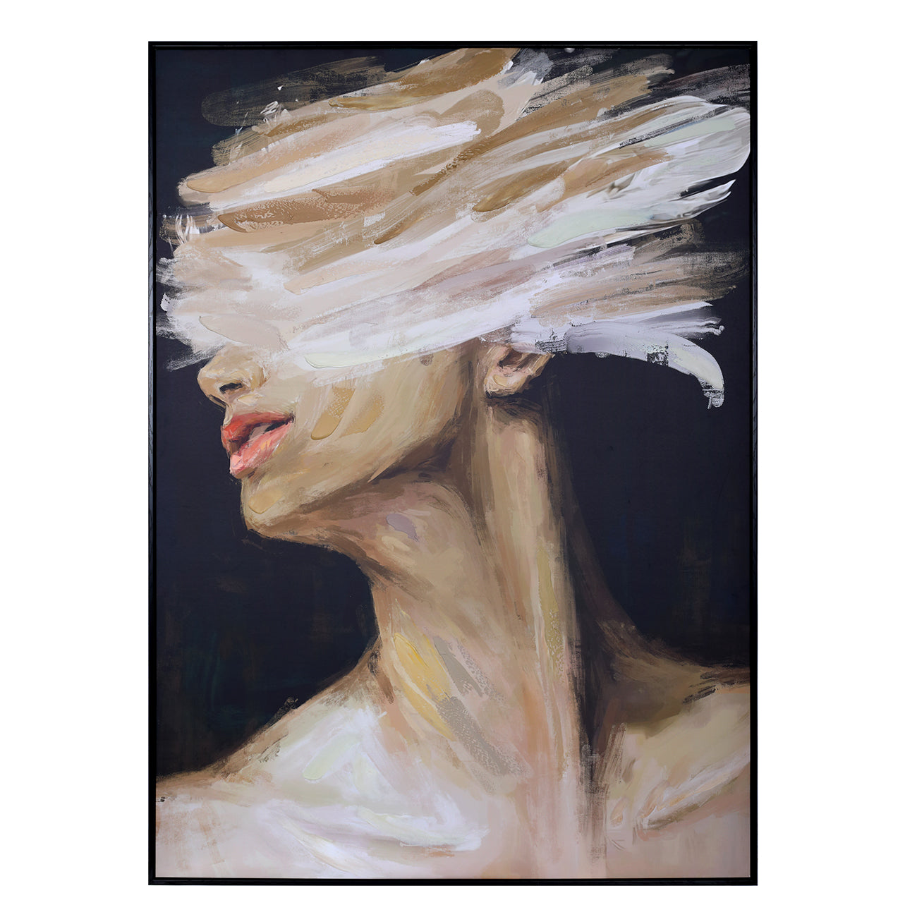 Abstract portrait painting of a woman in profile with a blindfold made of broad brushstrokes, set against a dark background.