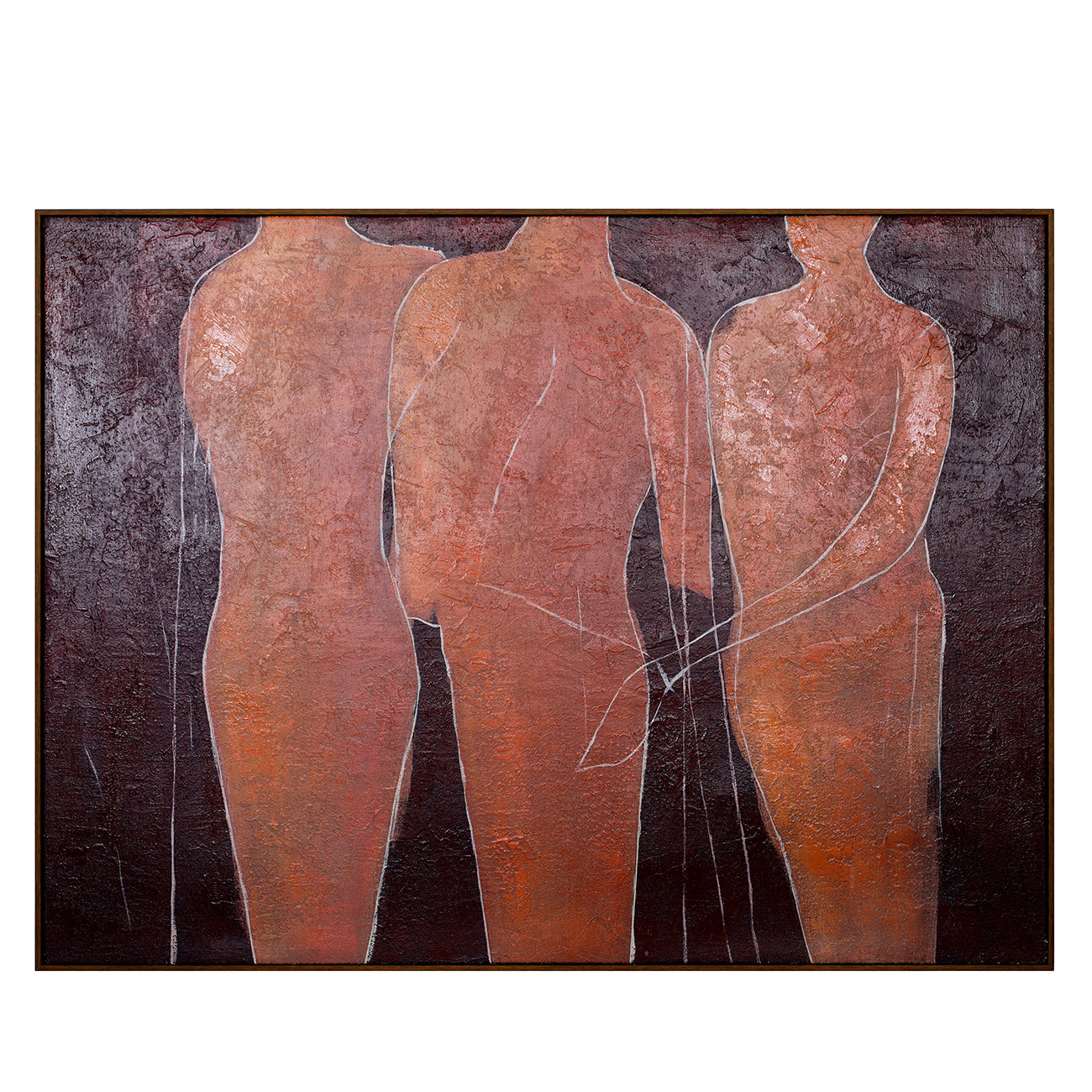 An abstract framed painting depicting three stylized female torso silhouettes in warm terracotta and rust tones against a dark textured background.