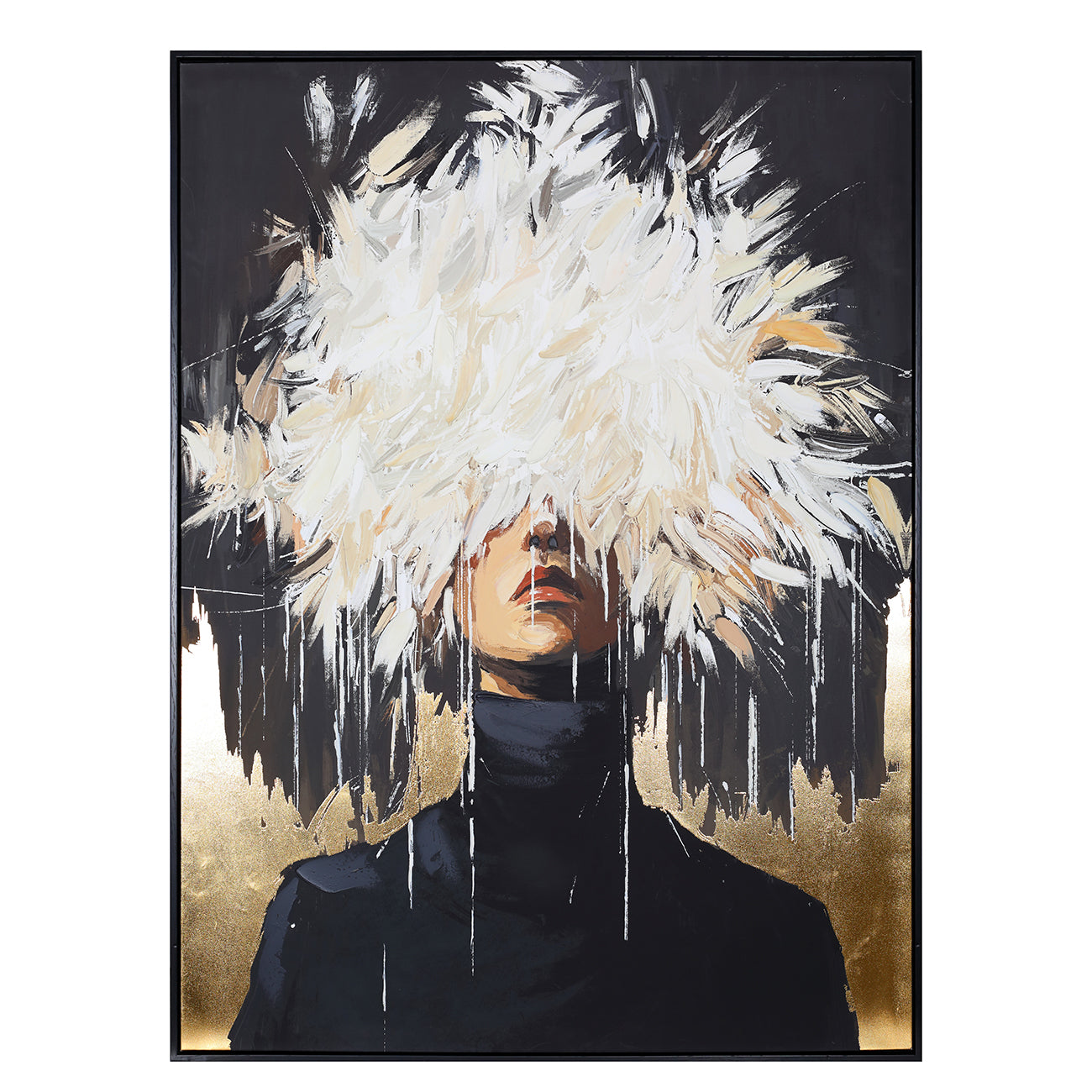 A framed abstract portrait artwork showing a person from the shoulders up with a large white feather-like mass obscuring the eyes, set against a black and gold background. The piece is presented in a thin black frame 