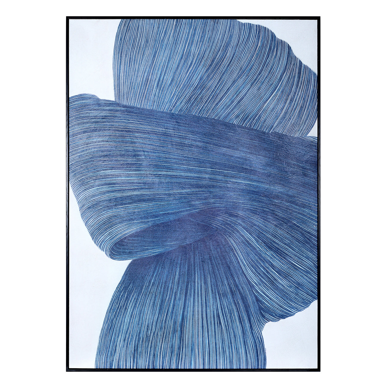 Abstract framed wall art featuring layered, ribbon-like forms drawn with fine blue lines on a white background.