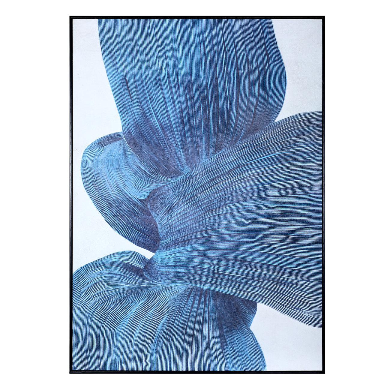 Abstract framed wall art featuring layered, flowing ribbon-like forms in shades of blue and navy with fine line texture on a white background.