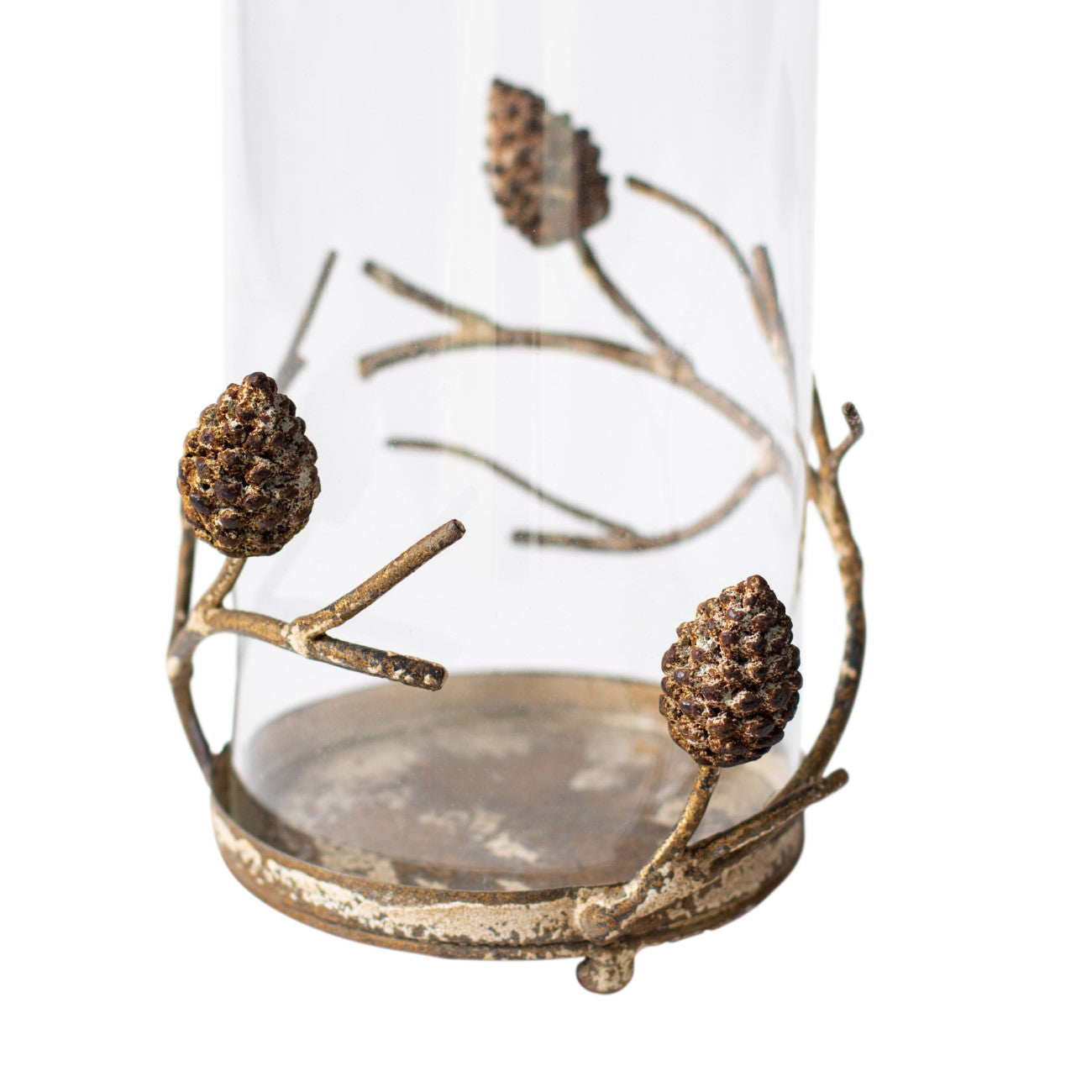 Aura Glass Hurricane with Pinecone Branches Rustic Gold