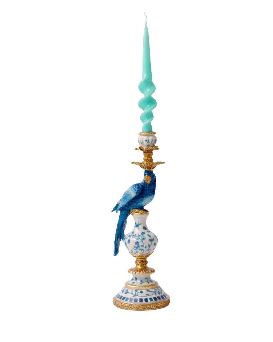 Antiqued Ornate Blue & White Parrot Candle Holder (Left)