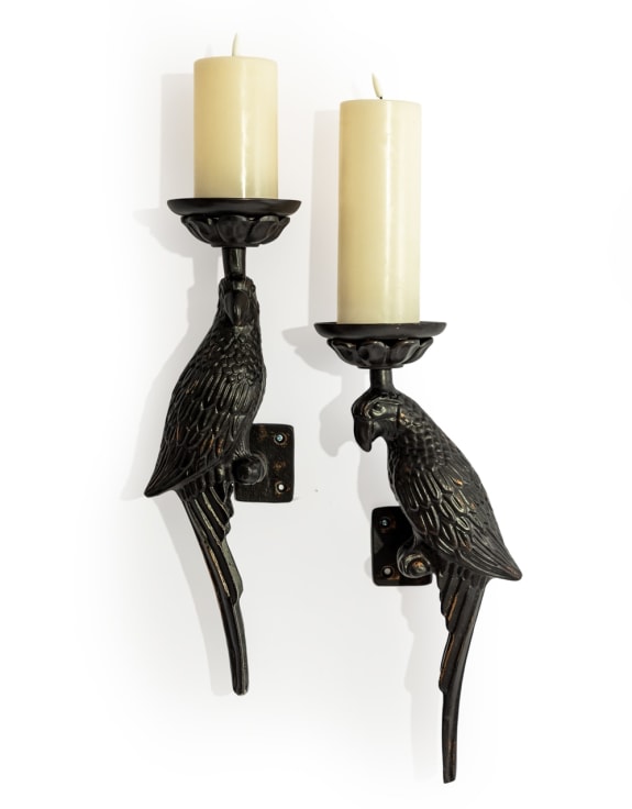 Pair of Large Distressed Black Metal Parrot Wall Sconces
