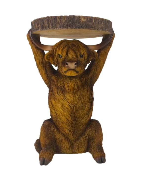Highland Cow Holding "Trunk Slice" Side Table