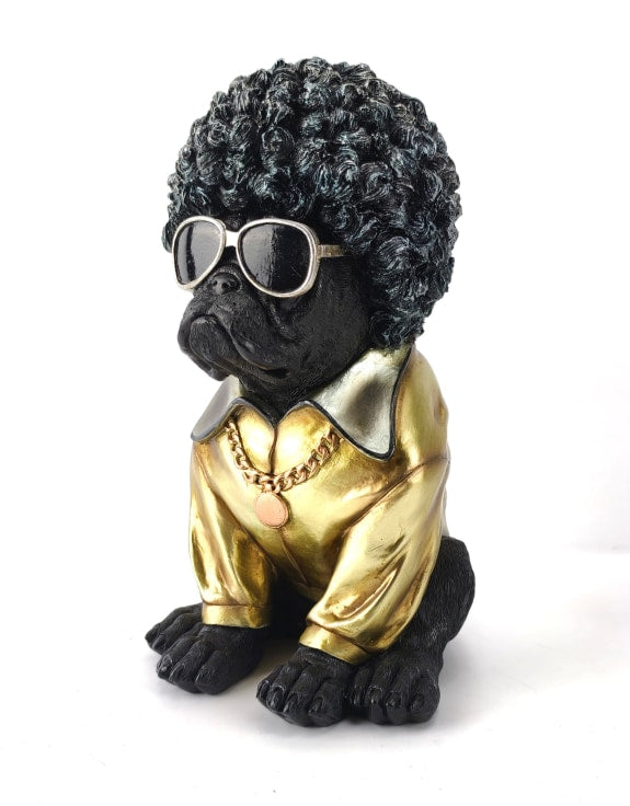 Black dog figurine with afro, sunglasses, and gold outfit 