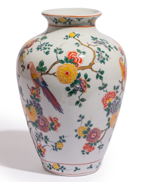 Decorative vase with floral and parrot design