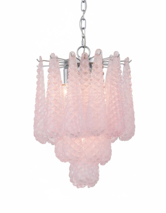 Chrome & Pink Bubbled Glass "Gicel" Chandelier