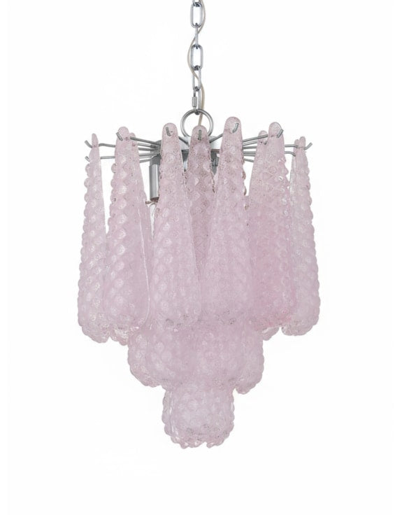 Chrome & Pink Bubbled Glass "Gicel" Chandelier