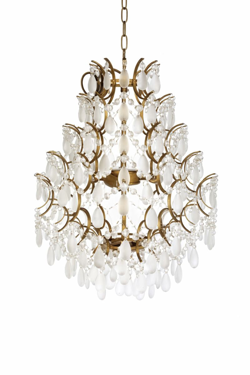Large Antique Gold Multi Teardrop Chandelier with Frosted Crystals