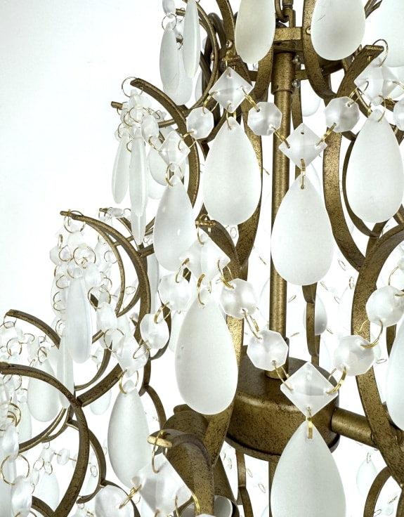 Large Antique Gold Multi Teardrop Chandelier with Frosted Crystals