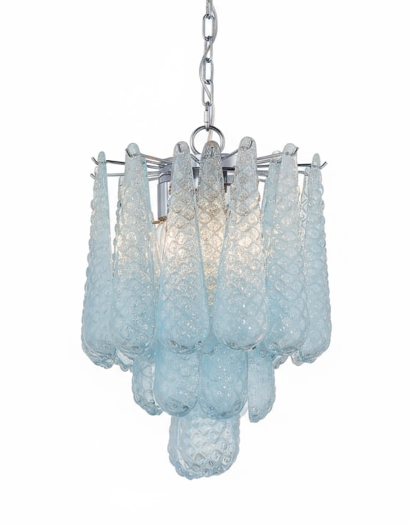 Chrome & Blue Bubbled Glass "Gicel" Chandelier