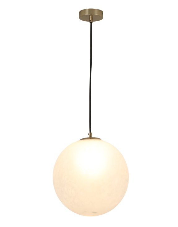 Spherical pendant ceiling light with a white glass shade and gold fixture on a white background.