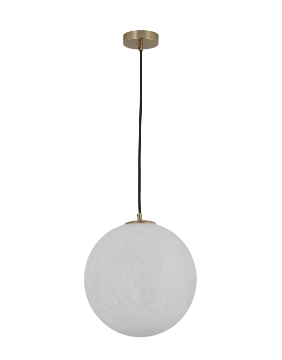 Spherical pendant ceiling light with gold fixture on a white background