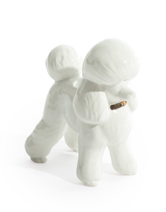 Set of 2 White Poodle Ceramic Candle Holders