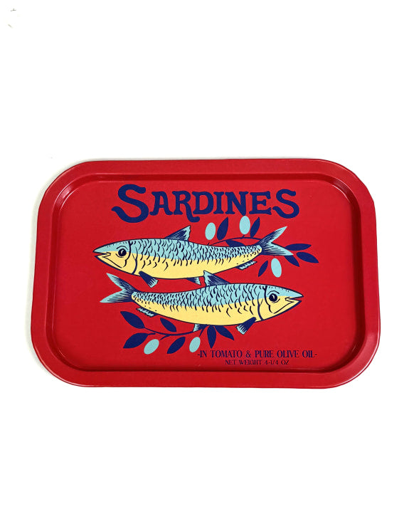 Decorative red serving tray with sardine illustration and 'Sardines' text on a white background