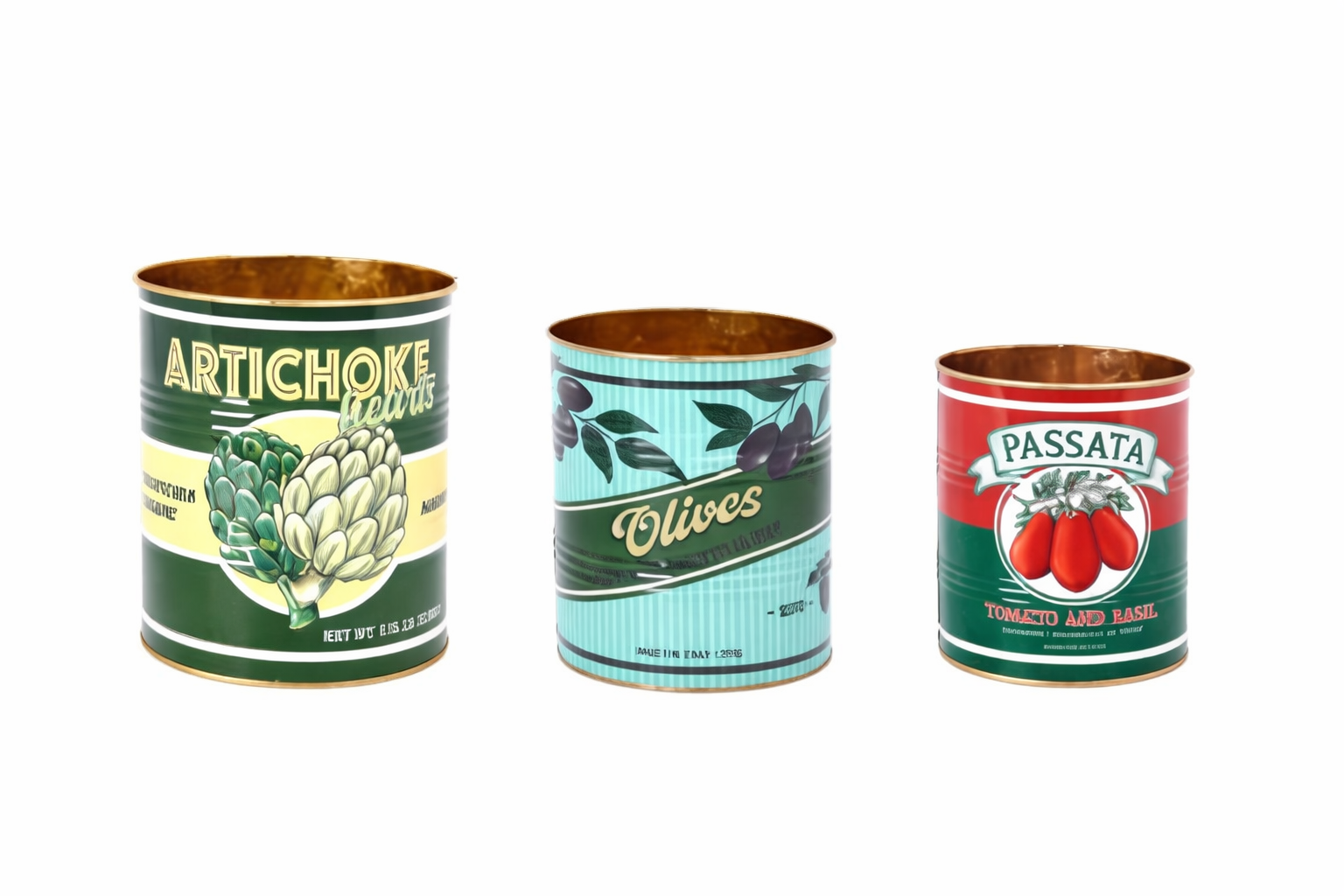 Set of 3 Retro "Artichoke, Olives, Passata" Storage Tins/ Planters