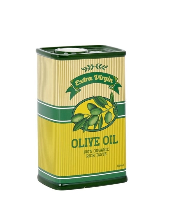 Vase styled to look like a Can of extra virgin olive oil with green and yellow design.