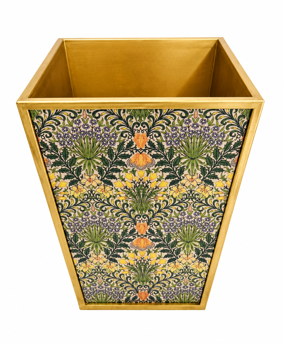 Decorative waste bin with floral pattern and gold trim 