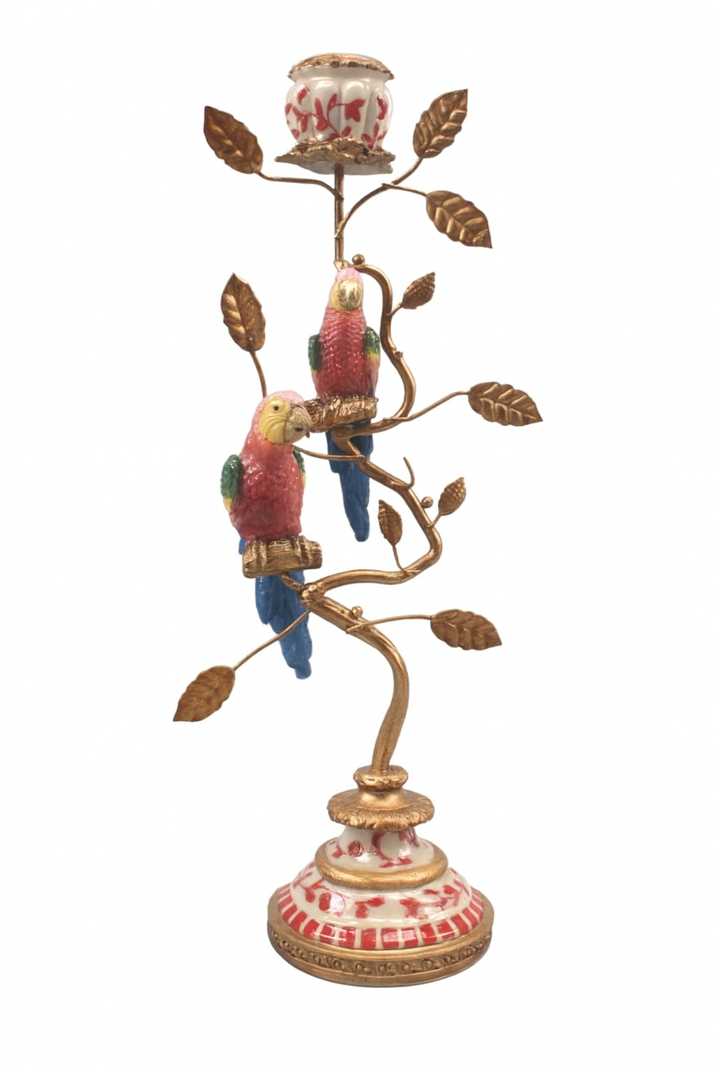 Antiqued Ornate Branch Red/Gold Parrot Pair Candle Holder