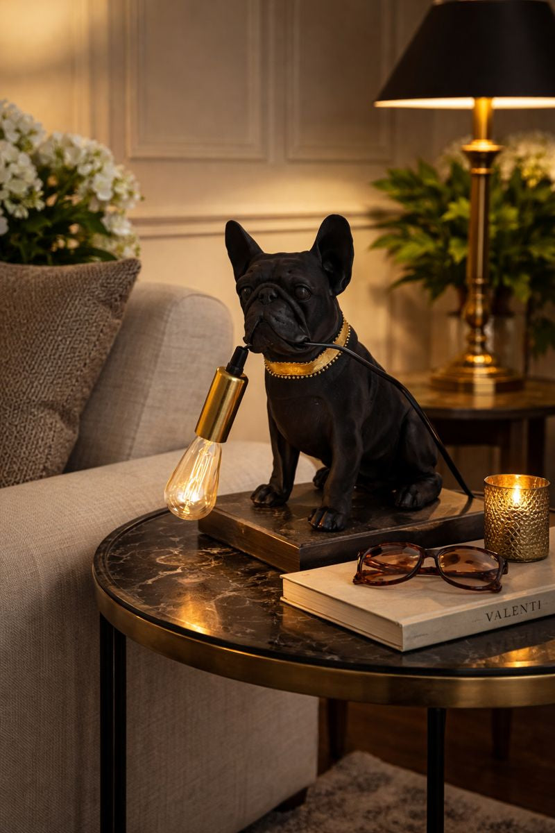 Matt Black & Gold Pug Table Lamp