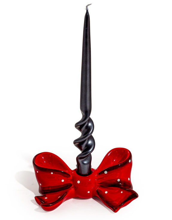 Ruby Red Spotted Ribbon Bow Ceramic Candle Holder