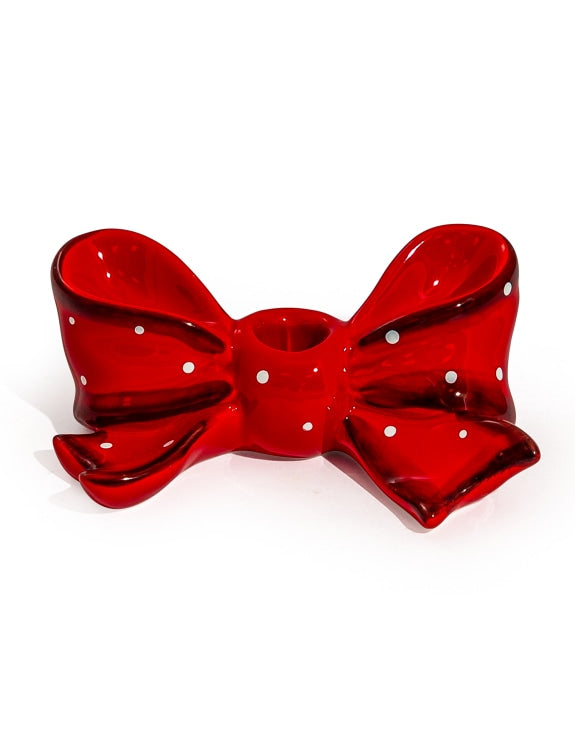 Ruby Red Spotted Ribbon Bow Ceramic Candle Holder